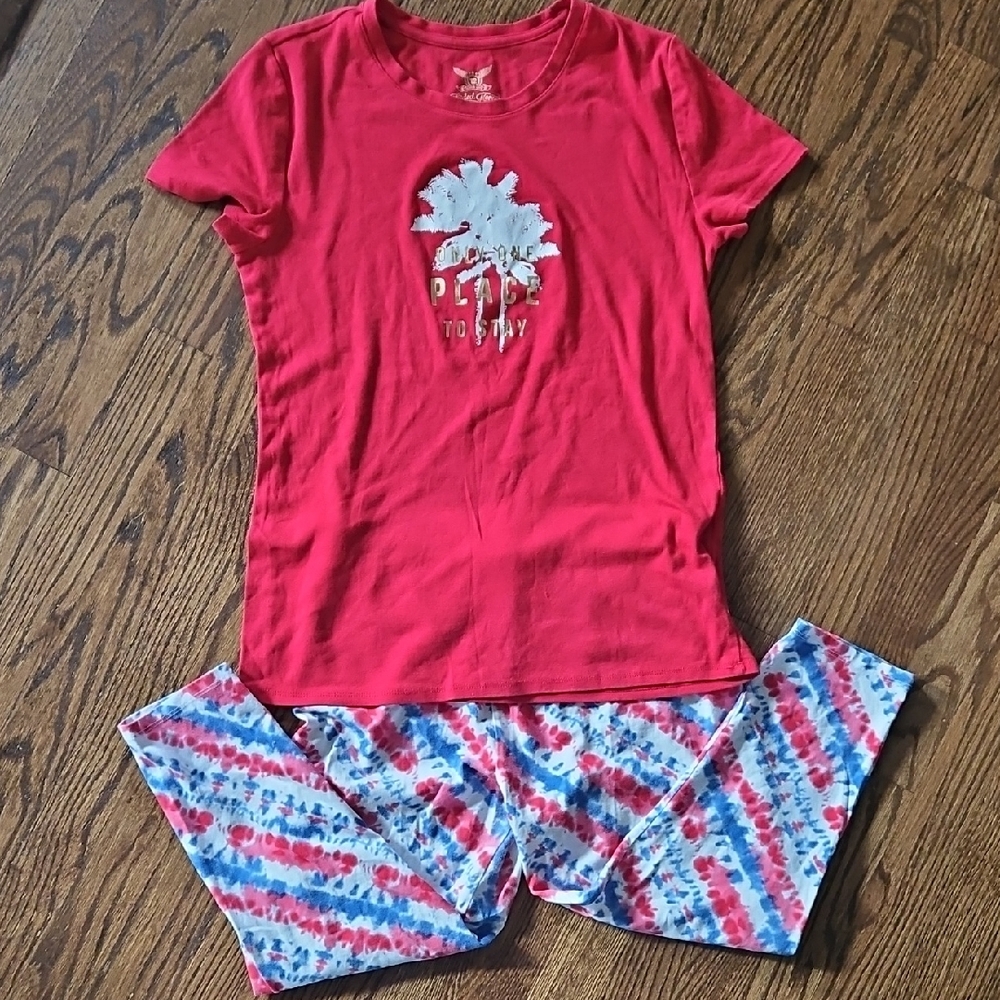 2 Pc. Red Short Sleeve Tee & TIE dye 3/4 Leggings